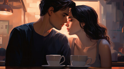 Illustration of a lovely young couple about to kiss in a coffee shop