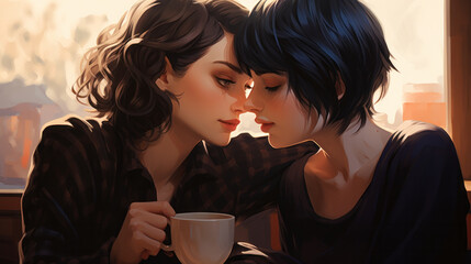 Illustration of a lovely couple of lesbian girls about to kiss in a coffee shop - obrazy, fototapety, plakaty