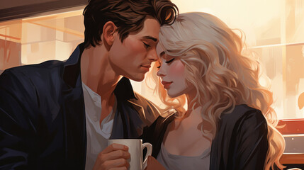 Illustration of a lovely young couple about to kiss in a coffee shop