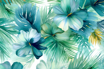 seamless design palm watercolor tropical trendy background leaf summer pattern jungle. Generative AI.