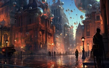 Concept art style colorful bubbles in the night city with the low light environment.