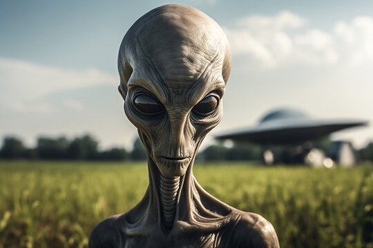 Alien in a Field.  Generative AI.
A digital rendering of an alien in a field in the countryside. 