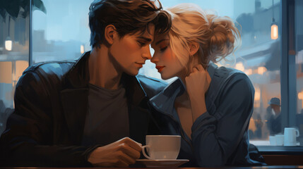 Illustration of a lovely young couple about to kiss in a coffee shop