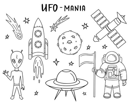 UFO, space elements, astronaut, alien, spaceship and rocket. Vector Illustration for printing, backgrounds and packaging. Image can be used for posters, stickers. Isolated on white background.
