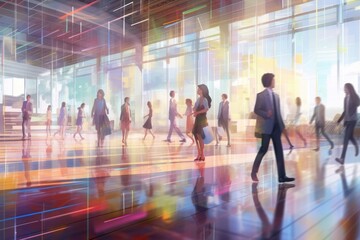 A fast-moving crowd of business people walks in the office. (Illustration, Generative AI)