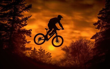 Naklejka premium Silhouette of a cyclist jumping on the hill.