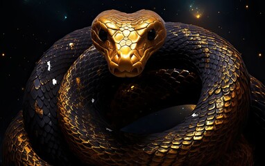 A black and gold mamba snake made nebura and gold crystal in crystalline cave. - obrazy, fototapety, plakaty