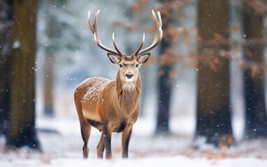 A deer in the snow forest.