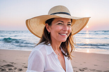 portrait of a mature woman in a hat on beach, happy, smiling, generative AI