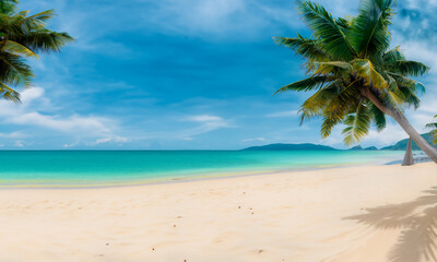 Beautiful paradisiacal scenery. Beach with white sand and sea with fresh water. Idea for travel.