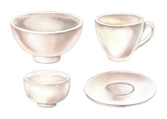 A set of white dishes. Mug, deep plate, saucer and gravy bowl. Watercolor illustration. Empty dinnerware. Hand drawn crockery. Isolated tableware on a white background. Blank for food design insert