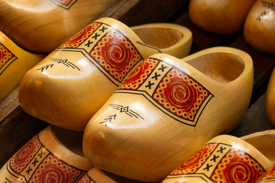 Traditional Dutch decorated wooden shoes close up