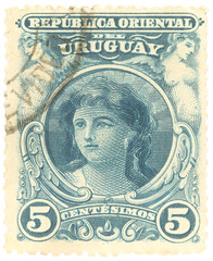 stamp briefmarke vintage retro old alt mädchen girl face gesicht angel engel Uruguay 5 cenntesimos blau blue vergilbt gestempelt frankiert cancel used gebraucht