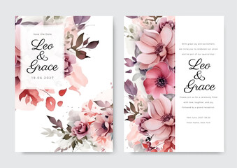 Pink flower floral vector watercolor colorful wedding invitation card template set