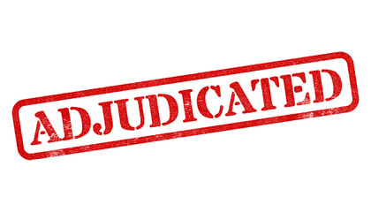 Adjudicated red rubber stamp isolated on transparent background with distressed texture effect