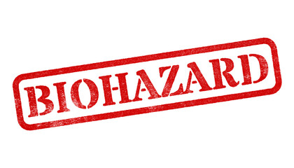 Biohazard red rubber stamp isolated on transparent background with distressed texture effect