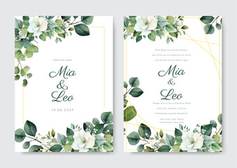 Green leaf and white flower floral vector elegant watercolor wedding invitation card
