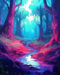 The painting portrays a dreamy forest landscape with tender design. (Illustration, Generative AI)