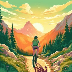 A woman mountain bikes in a summer forest landscape. (Illustration, Generative AI)
