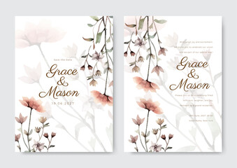 White wedding invitation template set with elegant pheony pink flower floral frame premium vector