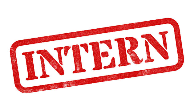 Intern red rubber stamp isolated on transparent background with distressed texture effect