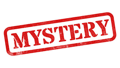 Mystery red rubber stamp isolated on transparent background with distressed texture effect