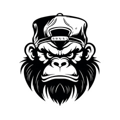 Vector drawing head of a monkey in a baseball cap on a white background