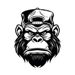 Vector drawing head of a gorilla in a baseball cap on a white background