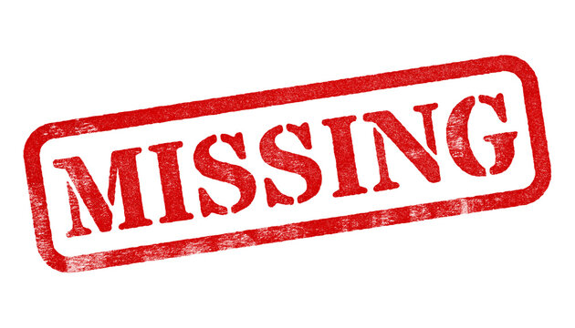 Missing red rubber stamp isolated on transparent background with distressed texture effect