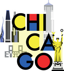 Typography word Chicago branding technology concept. Collection of flat vector web icons. American culture travel set, architectures, specialties detailed silhouette. Doodle famous landmarks.