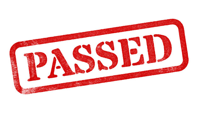 Passed red rubber stamp isolated on transparent background with distressed texture effect