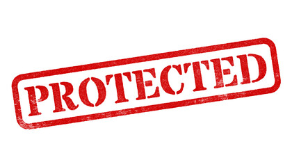 Protected red rubber stamp isolated on transparent background with distressed texture effect