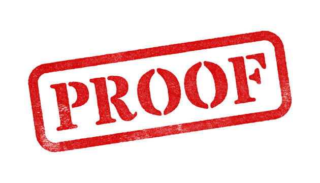 Proof red rubber stamp isolated on transparent background with distressed texture effect