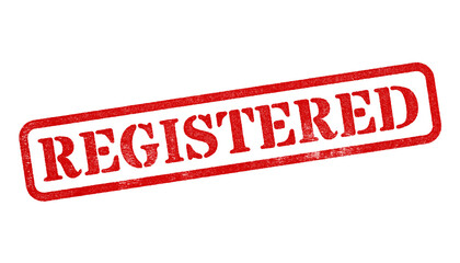 Registered red rubber stamp isolated on transparent background with distressed texture effect