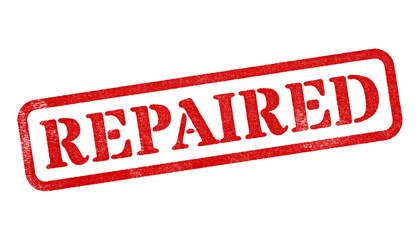 Repaired red rubber stamp isolated on transparent background with distressed texture effect