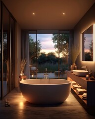 Fototapeta premium Chic bathroom with freestanding tub and designer lighting. (Illustration, Generative AI)