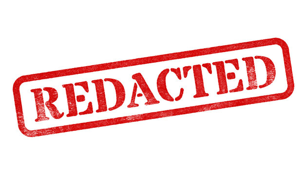 Redacted red rubber stamp isolated on transparent background with distressed texture effect