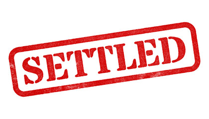 Settled red rubber stamp isolated on transparent background with distressed texture effect