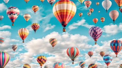 Obraz premium A scene full of colorful hot air balloons soaring into the sky. Each balloon is in a different pattern and color and fascinates the audience as it dances in the air. Created with Generative AI.