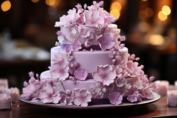 Illustration of a three tiered cake with purple flowers on a table created with Generative AI technology