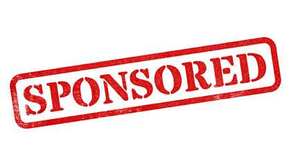 Sponsored red rubber stamp isolated on transparent background with distressed texture effect