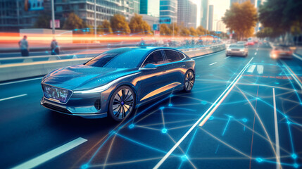 An autonomous vehicle on the road with overlay graphics that represent its AI systems sensing and analyzing the environment