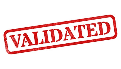 Validated red rubber stamp isolated on transparent background with distressed texture effect