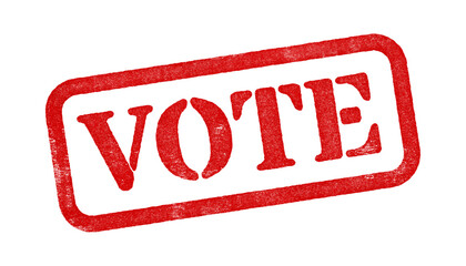 Vote red rubber stamp isolated on transparent background with distressed texture effect