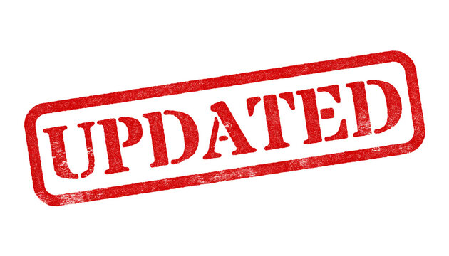 Updated red rubber stamp isolated on transparent background with distressed texture effect