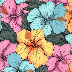 Vintage Hibiscus Flower Wallpaper or Background - With Black Outline in Pop Art Color Scheme - Tropical Floral Background - Generative AI