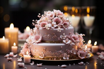 Illustration of a multi-tiered cake on a table with decorative frosting and toppings created with Generative AI technology - obrazy, fototapety, plakaty