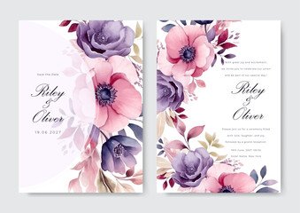 Purple and pink rose flower floral vector elegant hand drawing wedding invitation floral design