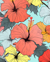 Vintage Hibiscus Flower Wallpaper or Background - With Black Outline in Pop Art Color Scheme - Tropical Floral Background - Generative AI