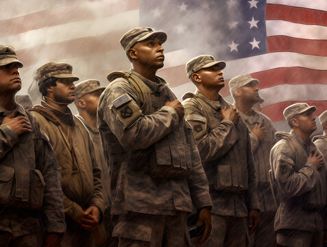 group of Soldiers in military uniform USA army against the American national flag